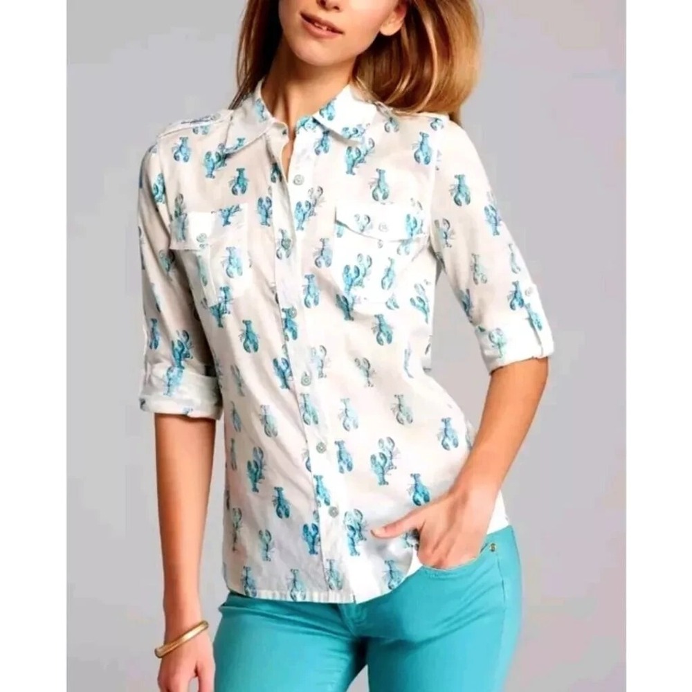 NWT Tory Burch Brigitte Button Up Blouse Shirt‎ Top Lobsters sz 2 $195 Cotton